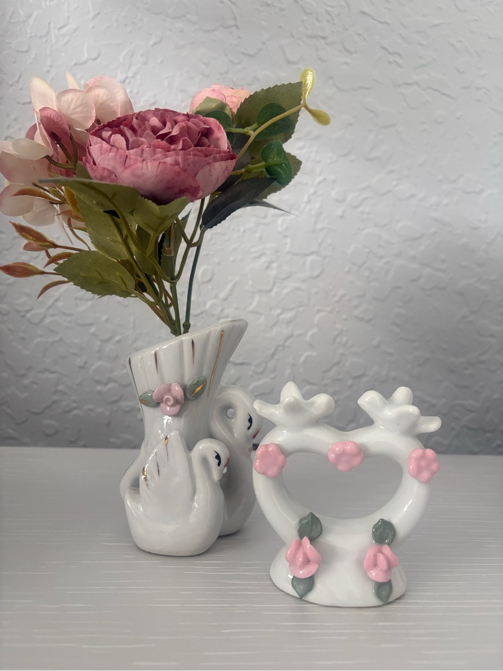 Set of 2 White Porcelain Swan Vase with Pink Floral Accent and 2 Doves in a hear